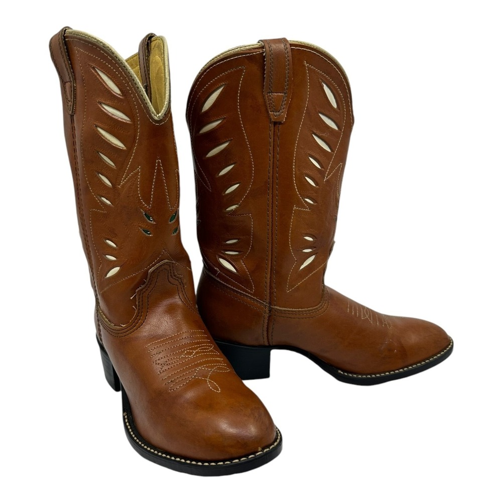 Acme Cowpuncher Western Boots Womens 5D Tan Leather Good Contrast Stitching VTG.